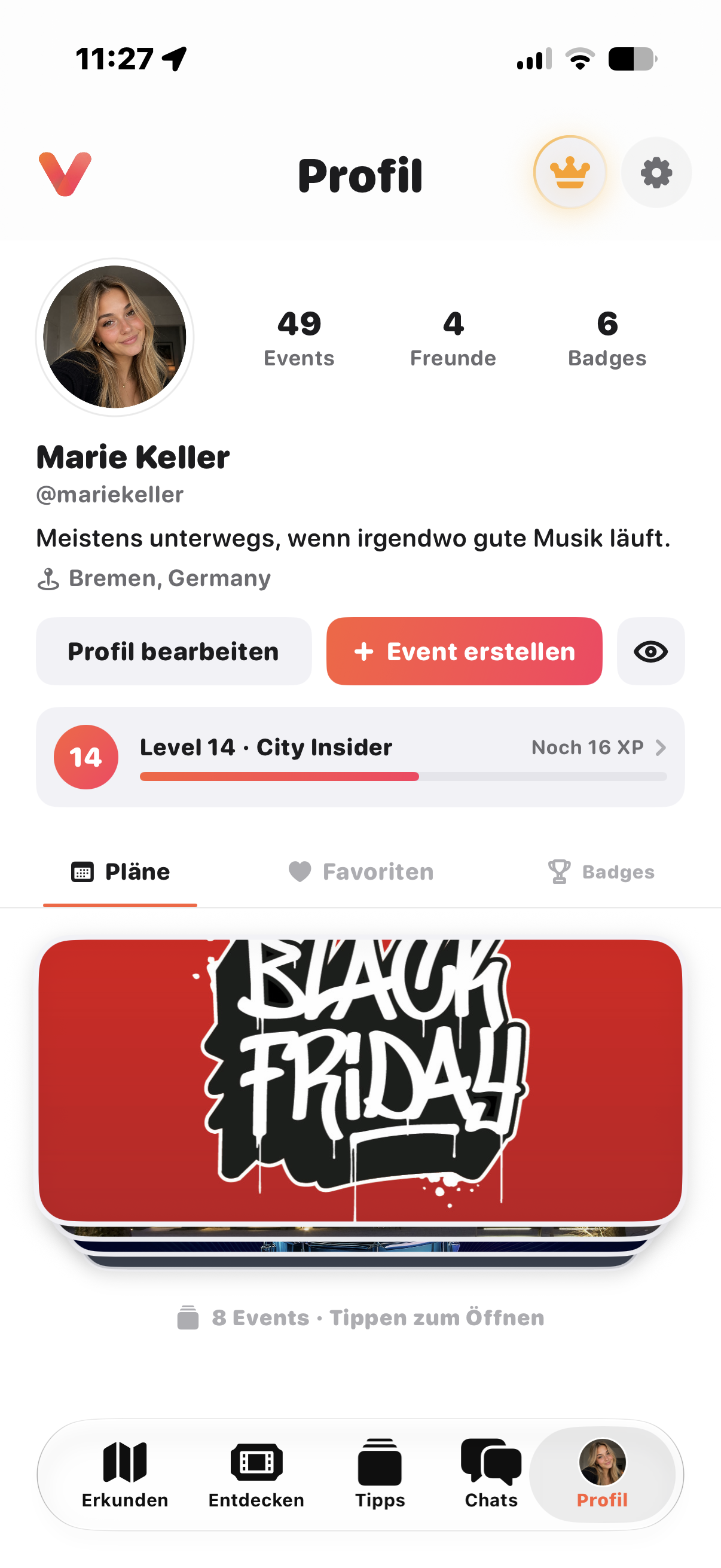 Vetra Profil mit Plänen, Freunden und Badges